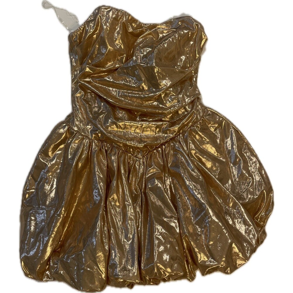 Fashion Nova Ashari Metallic Bubble Mini Dress Gold Strapless Size M